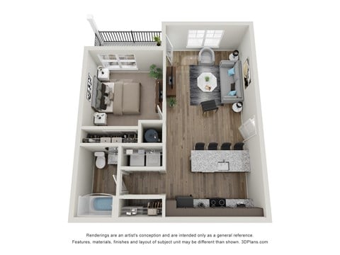 Floor plan for 1 bed, 1 bath, 676 sqft